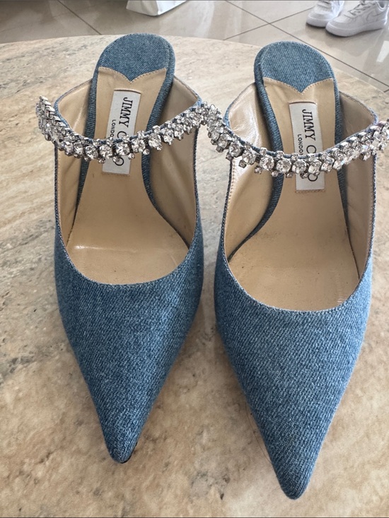 Jimmy Choo Shoes - Jimmy Choo Bing 65 Blue Denim Pointed Mules with Crystal Strap